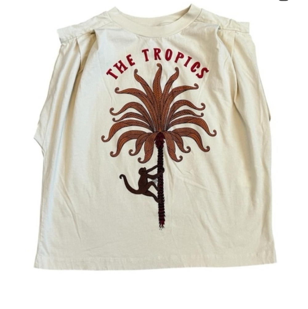FARM RIO The Tropic Pleated Cream Brown Monkey Palm Cap Sleeve Top New XXS - Picture 7 of 8